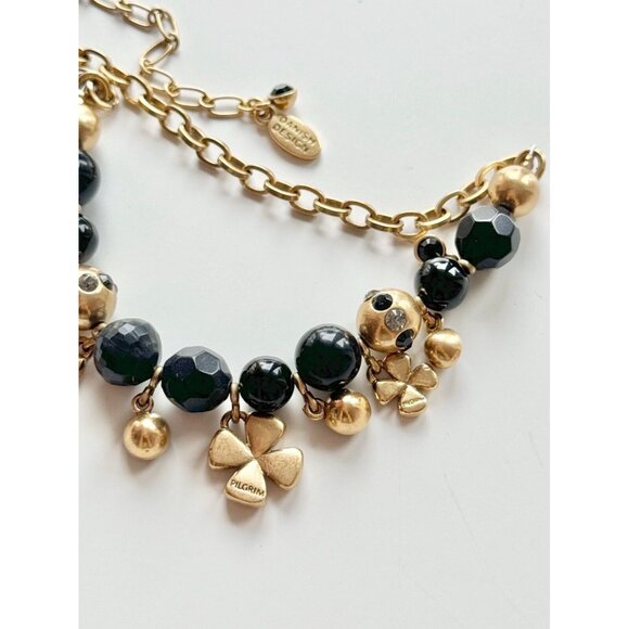 PILGRIM Gold 4 Leaf Clover Black Beaded Rhinestone Crystal Charm Chain Necklace - Picture 4 of 7